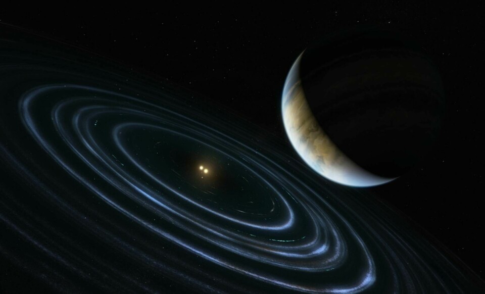 Illustration av exoplaneten HD106906b som roterar i en lutande bana mot sina två stjärnor. Foto: ESA/Hubble, M. Kornmesser
