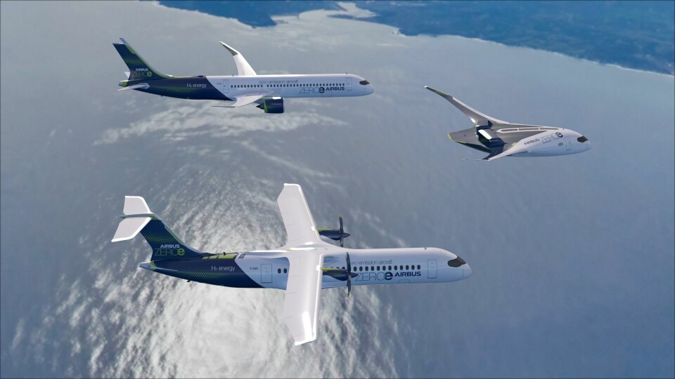 Airbus Zeroe blev i fjol den första stora tillverkaren att presentera en stor utvecklingssatsning på vätgasdrivna flygplan. Tre modeller presenterades. Foto: Airbus Airbus Zeroe blev i fjol den första stora tillverkaren att presentera en stor utvecklingssatsning på vätgasdrivna flygplan. Tre modeller presenterades. Foto: Airbus