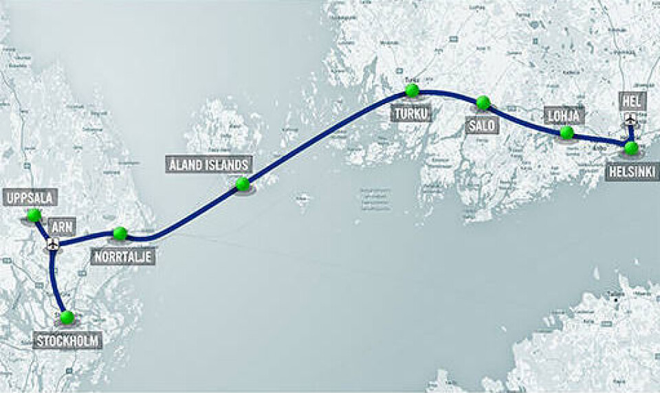 Den tänkta dragningen av Hyperloop-banan mellan Helsingfors och Stockholm. Illustration: KPMG Den tänkta dragningen av Hyperloop-banan mellan Helsingfors och Stockholm. Illustration: KPMG