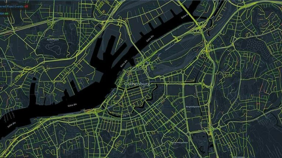 Friktionsvärdena från bilarna ger en lägesbeskrivning av väglaget. Här syns en karta över Göteborg, där grön färg visar avsnitt med bra grepp i vägbanan och rött visar områden med halka. Foto: Nira Dynamics