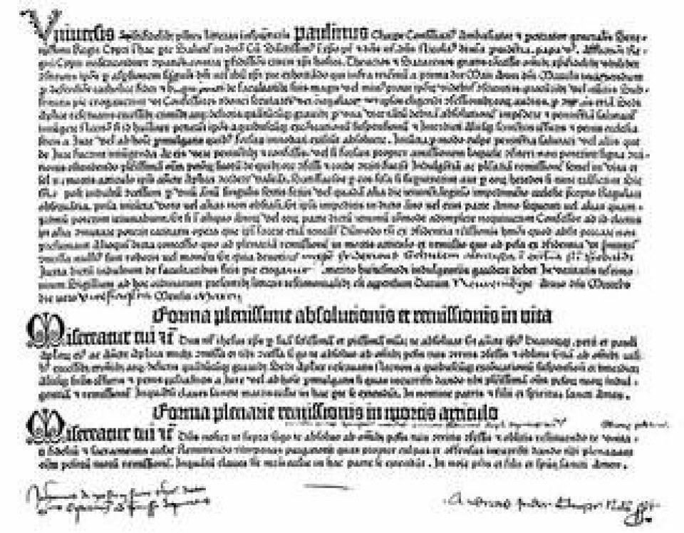 Avlatsbrev som trycktes på Gutenbergs press 1455. Foto: Granger/REX