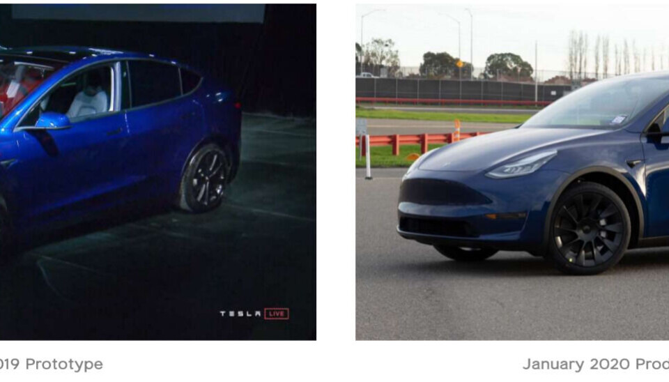 Till vänster bilen som visades upp förra året, till höger en produktionsklar Model Y. Foto: Tesla Till vänster bilen som visades upp förra året, till höger en produktionsklar Model Y. Foto: Tesla