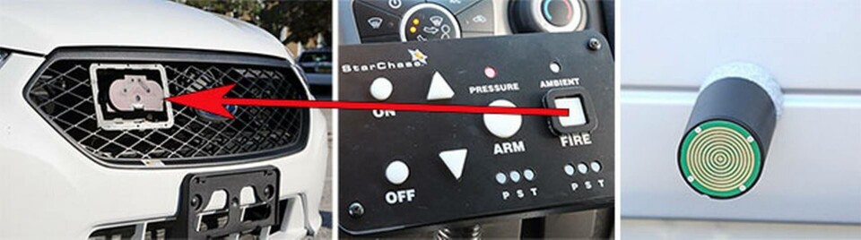 Den gps-försedda projektilen avfyras från en panel i polisbilen och skjuts med tryckluft mot en bil där projektilen fastnar. Foto: StarChase Den gps-försedda projektilen avfyras från en panel i polisbilen och skjuts med tryckluft mot en bil där projektilen fastnar. Foto: StarChase