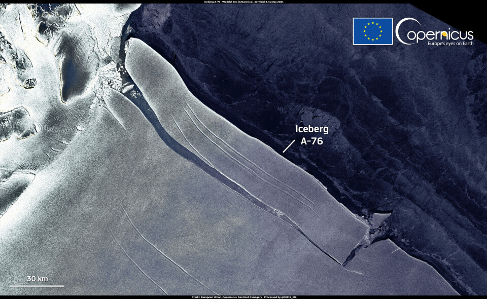 Isberget A-76 på en satellitbild tagen 14 maj av Sentinel-1. Foto: European Union, Copernicus Sentinel-1 Isberget A-76 på en satellitbild tagen 14 maj av Sentinel-1. Foto: European Union, Copernicus Sentinel-1