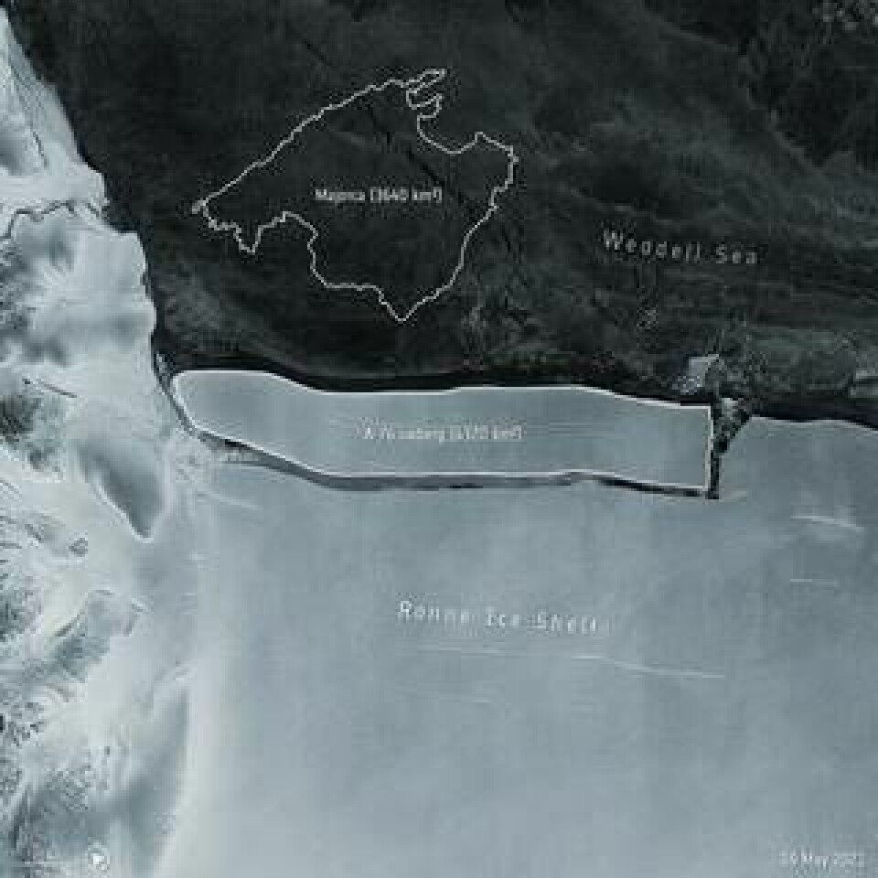 Satellitbilder avslöjar det stora isberget som har lossnat. Foto: ESA/TT