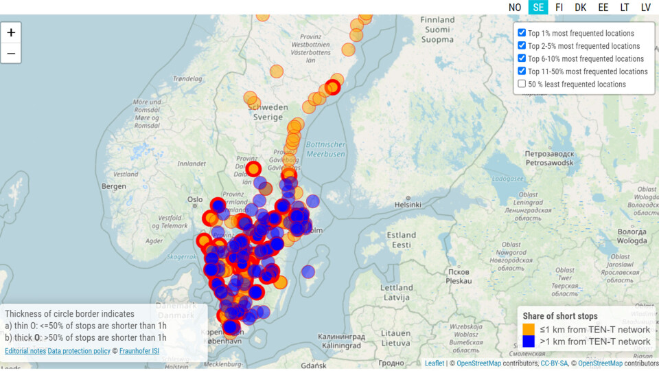 Hälften av lastbilarnas totalt 78 000 utförda stopp under mätperioden gjordes vid tio procent av rastplatserna. Foto: Acea Hälften av lastbilarnas totalt 78 000 utförda stopp under mätperioden gjordes vid tio procent av rastplatserna. Foto: Acea