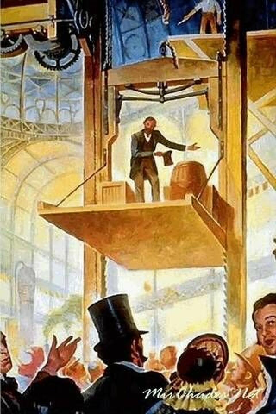 Elisha Otis demonstrerar sitt nödstopp för hiss vid världsutställningen i New York 1854.