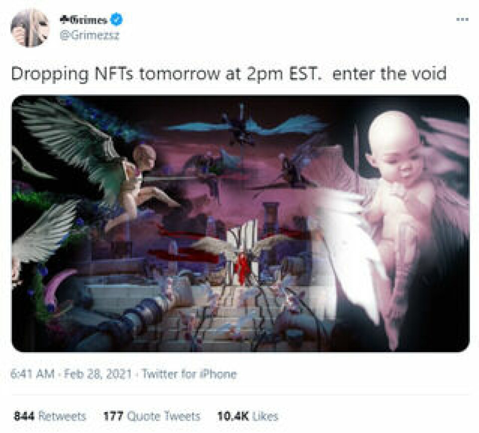 Artisten Grimes meddelar på Twitter att hon ska sälja NFT:ar. Foto: Twitter