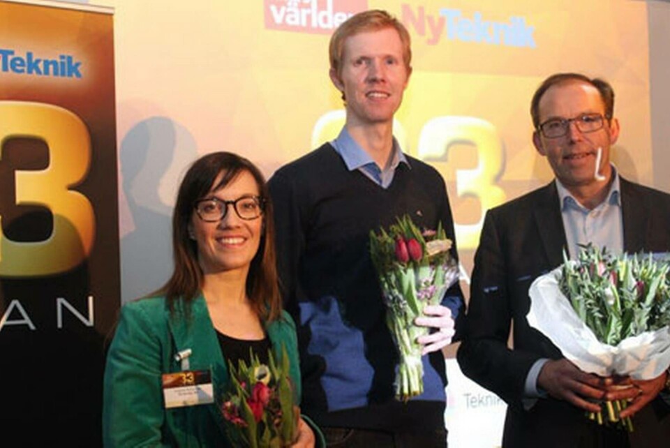 Kvällens deltagare var från vänster Katarina Nyhammar vd Schemagi, Torkel Danielsson vd Intuitive Aerial och segraren Tommy Johansson vd Amra. Foto: Marie Alpman Kvällens deltagare var från vänster Katarina Nyhammar vd Schemagi, Torkel Danielsson vd Intuitive Aerial och segraren Tommy Johansson vd Amra. Foto: Marie Alpman