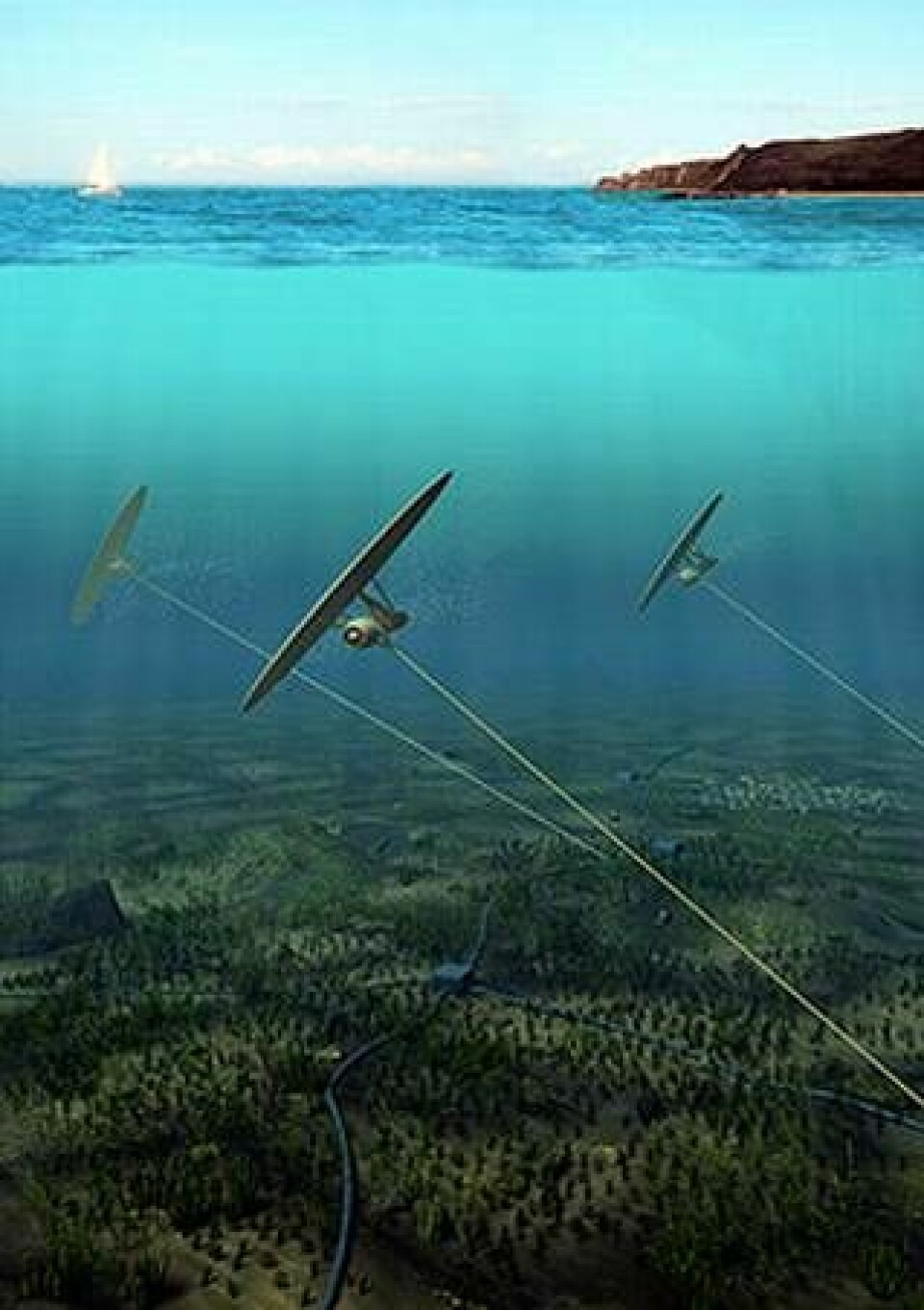 Svenska Minestos undervattensdrake siktar på att utvinna energi ur långsamma undervattensströmmar. Test pågår utanför Wales kust. Foto: Minesto