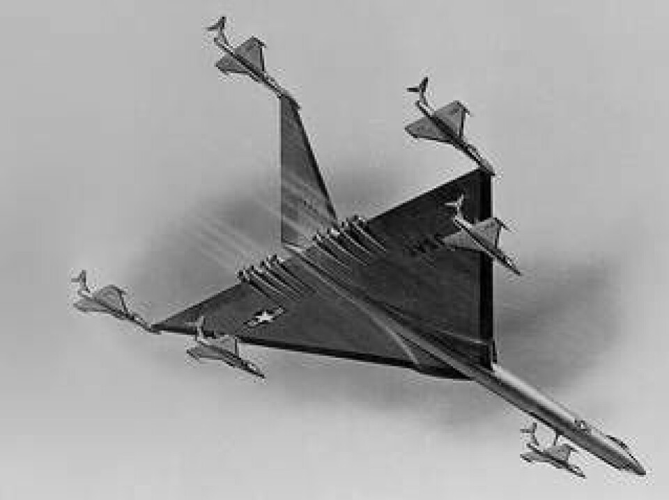 På den här fantasifulla teckningen från 1956 visas ett atomdrivet bombplan som skulle bära sin egen eskort med sex jaktplan. Foto: Alamy