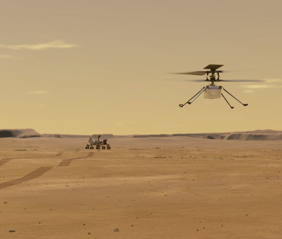 En illustration på helikoptern Ingenuity tillsammans med rovern Perseverance. Foto: Nasa/Jpl-Caltech/TT En illustration på helikoptern Ingenuity tillsammans med rovern Perseverance. Foto: Nasa/Jpl-Caltech/TT