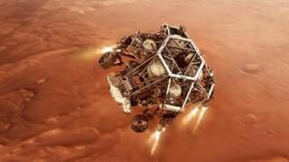 Illustration av Perserverance som tänder sina startmotorer inför landningen på Mars. Foto: NASA/JPL-Caltech