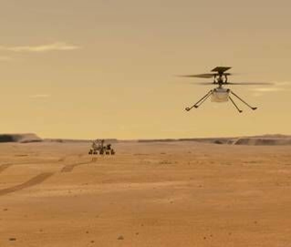 En illustration på helikoptern Ingenuity tillsammans med rovern Perseverance. Foto: Nasa/Jpl-Caltech/TT
