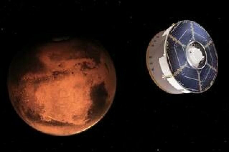 Den amerikanska rymdfarkosten med rovern Perseverance närmar sig Mars yta. Illustration från Nasa. Foto: Nasa/JPL-Caltech via AP