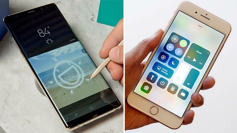 Samsung Galaxy Note 8 och Iphone 8 Plus. Foto: TT Samsung Galaxy Note 8 och Iphone 8 Plus. Foto: TT
