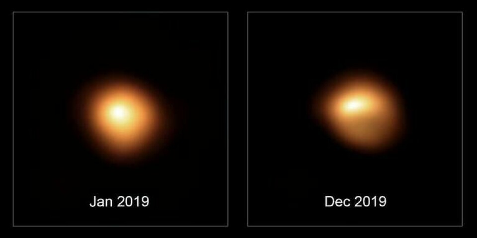 Betelgeuse före och efter förändringen av ljusstyrkan. Foto: ESO