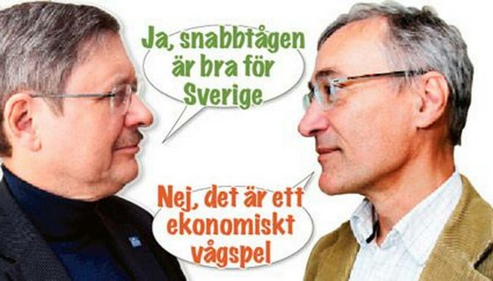 För höghastighetsbanor i Sverige: Bo-Lennart Nelldal, professor vid KTH. Emot: Lars Hultkrantz, professor på Handelshögskolan vid Örebro universitet. För höghastighetsbanor i Sverige: Bo-Lennart Nelldal, professor vid KTH. Emot: Lars Hultkrantz, professor på Handelshögskolan vid Örebro universitet.